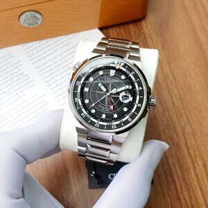 Citizen Eco-Drive Mens 44mm Dual Time Silver Stainless Steel Watch